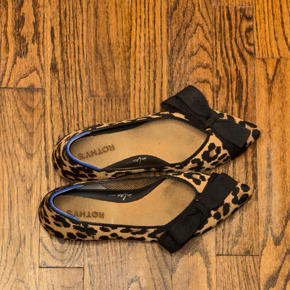 Rothy's Leopard Print Pointed Flats with Black Bow
